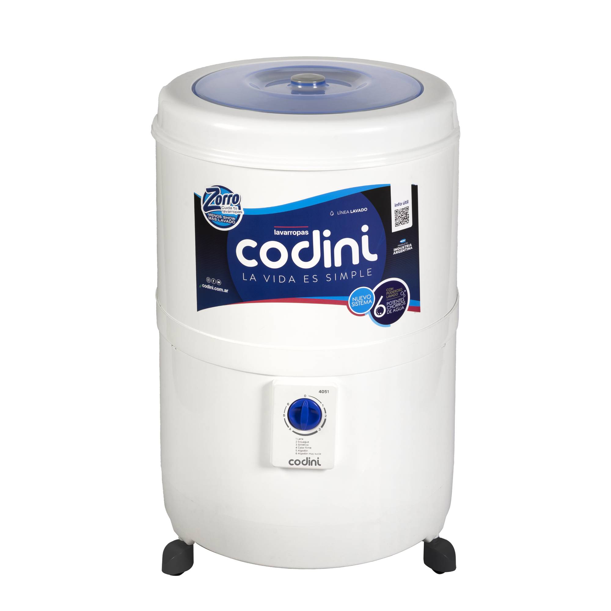 Lavarropas Semiautomático Silent 10 kg 6 Funciones Ruedas Blanco Codini - 4051