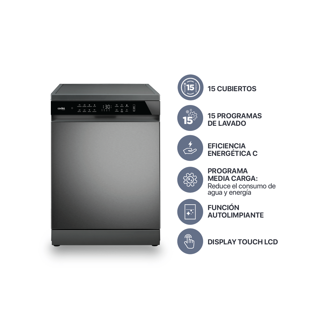 Lavavajillas 15 Cubiertos Display LCD Touch Inox Codini - LIA0315G
