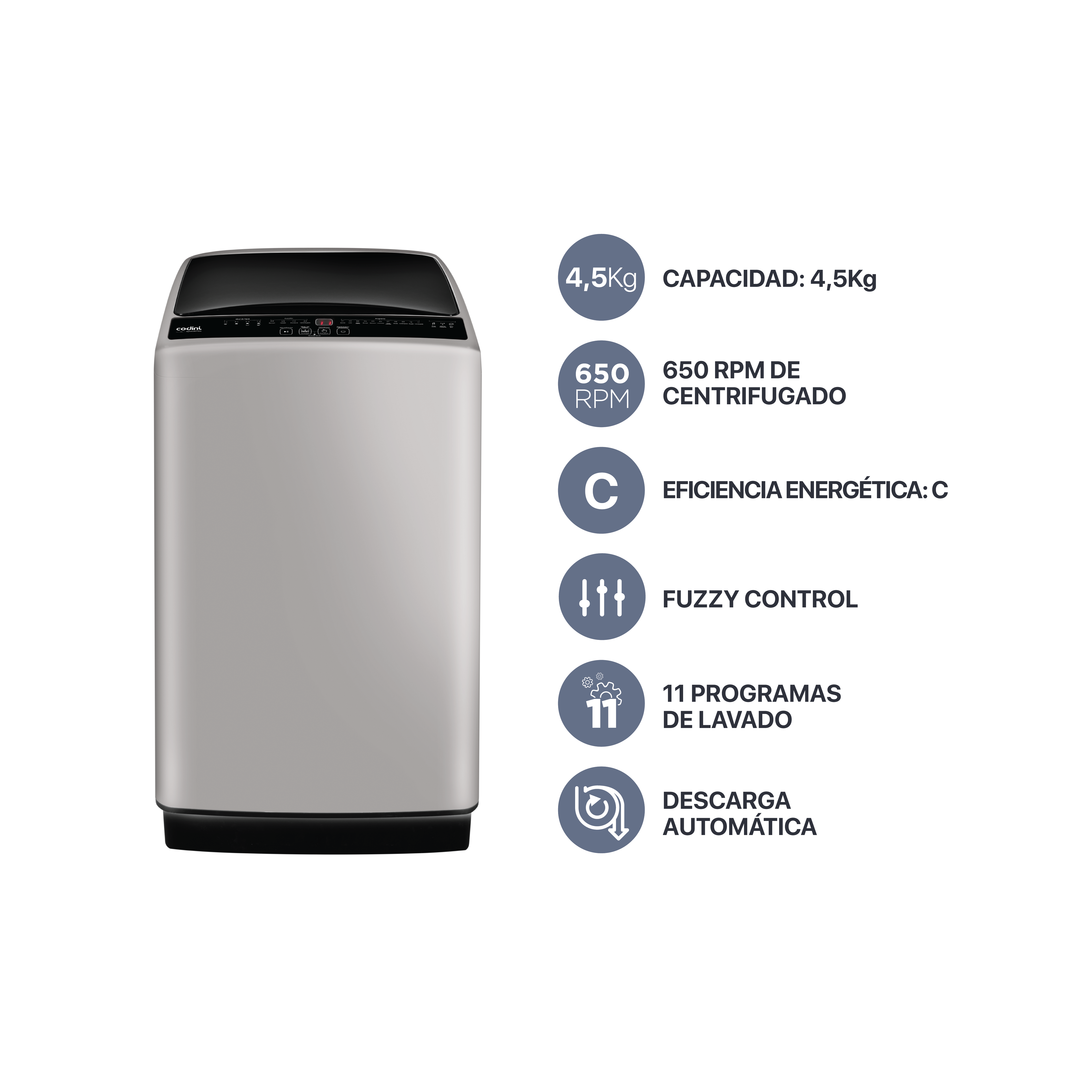 Lavarropas Automático Carga Superior 4.5 kg 650 RPM Ceniza Codini - AIAS4507BC