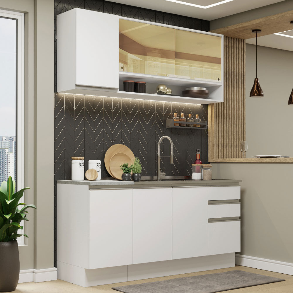 Combo de Cocina Alacena + Bajo Mesada + Bacha Madesa Glamy 160cm GRGL16000409