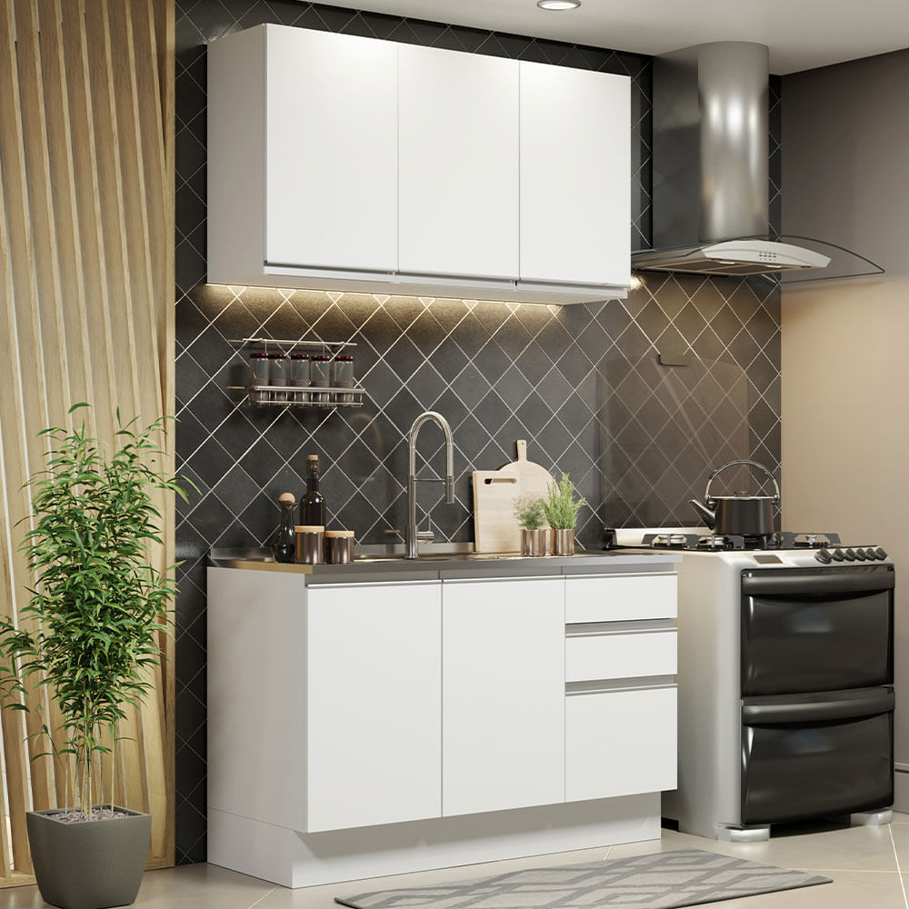 Combo de Cocina Alacena + Bajo Mesada Madesa Glamy 120cm Blanco 01