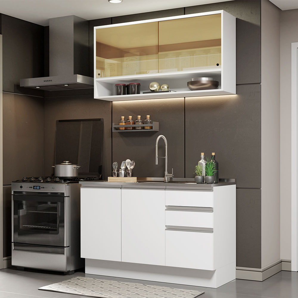 Combo de Cocina Alacena + Bajo Mesada Madesa Glamy 120cm Blanco 02
