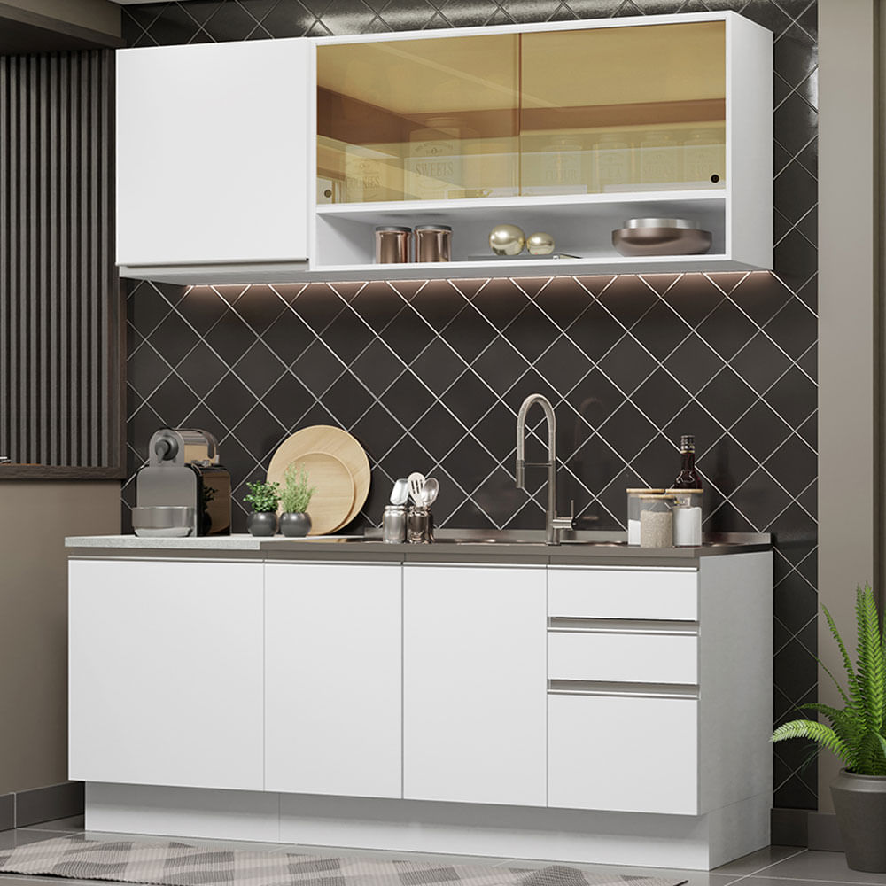 Combo de Cocina Alacena + Bajo Mesada Madesa Glamy 180cm Blanco 06