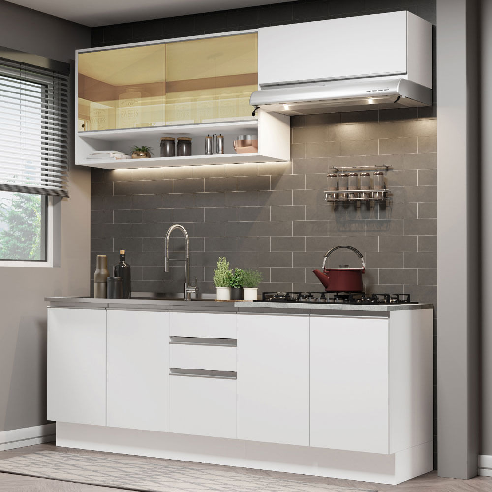 Combo de Cocina Alacena + Bajo Mesada Madesa Glamy 200cm Blanco 03