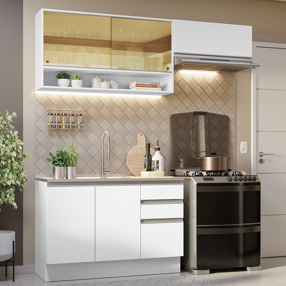 Combo de Cocina Alacena + Bajo Mesada Madesa Glamy 200cm Blanco 08