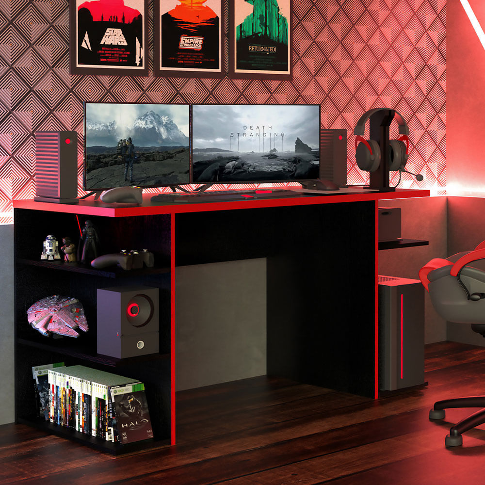 Escritorio Gamer Moderno mesa Para Pc Y Consola 136Cm Negro Y Rojo