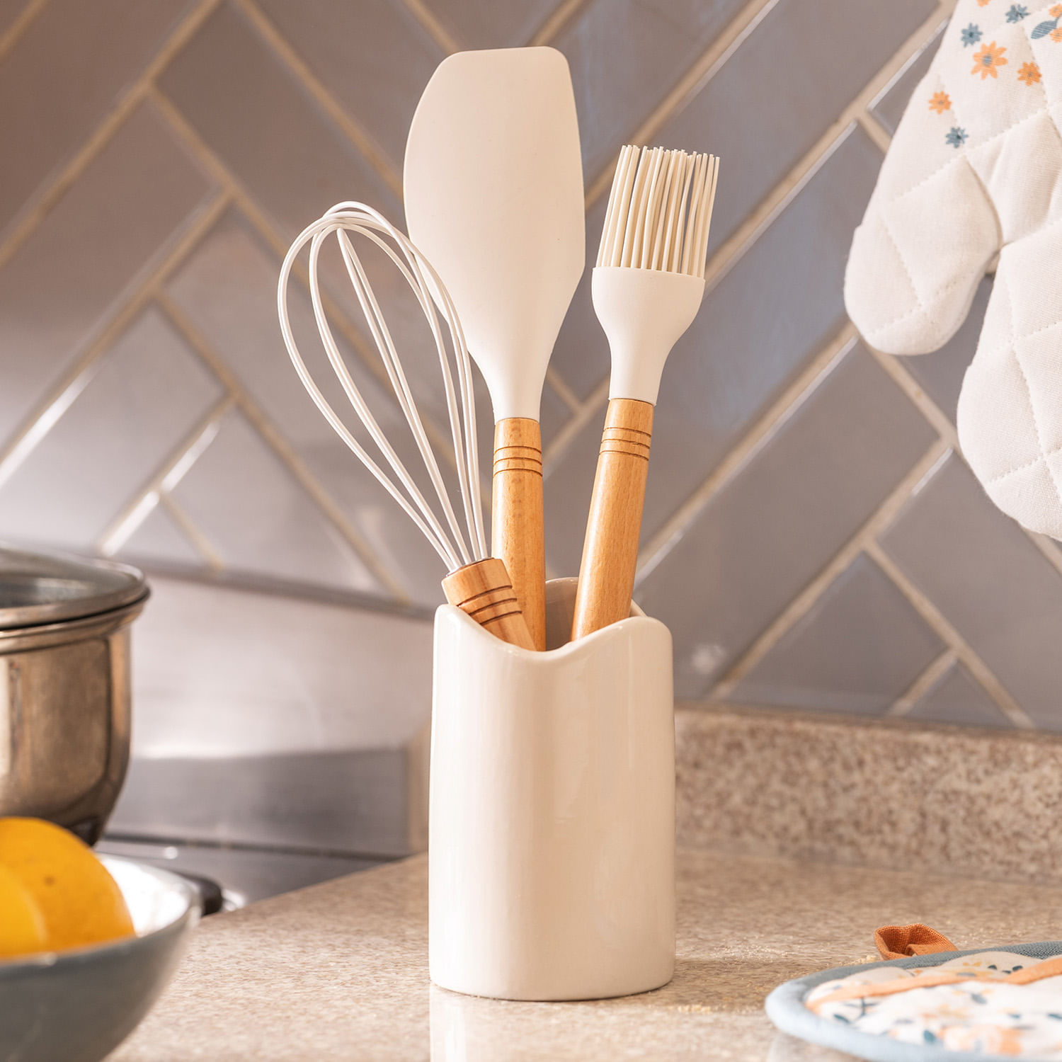 Set de 3 Utensilios de Cocina de Silicona con Soporte